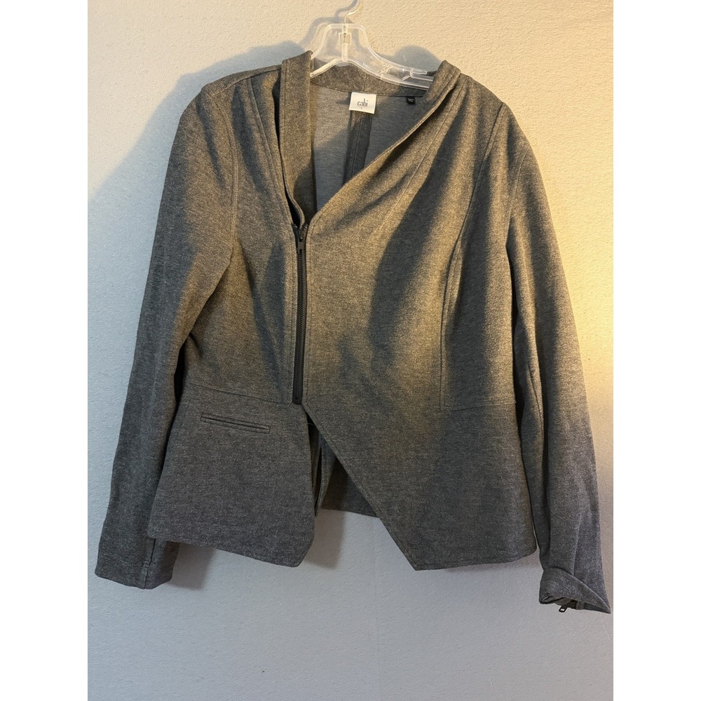 CAbi Jacket Womens L Gray Knit Asymmetrical Zip Peplum Hem Stretch Unlined